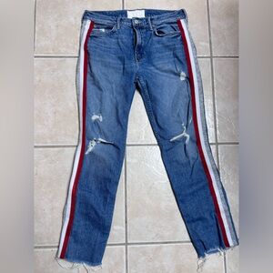 Mother The Flirt Fray Washed Cold Feet Jeans with Red & White Side Stripes